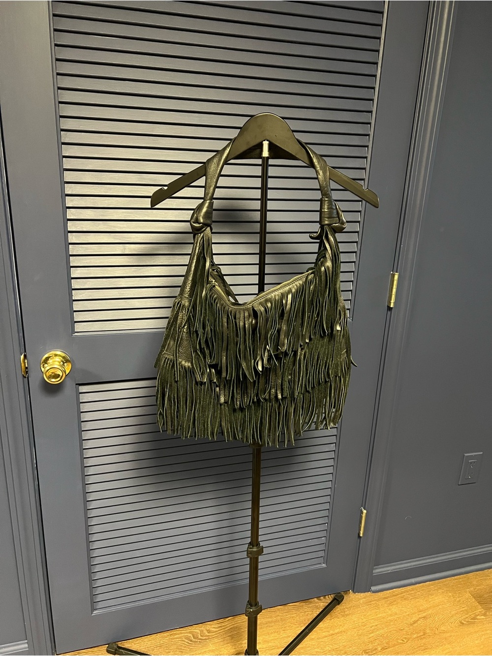 Fringed Shoulder Hobo Bag - Black